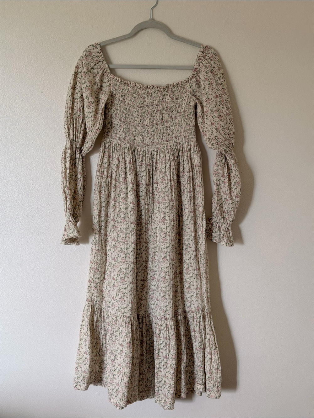 Smocked Square-Neck Maxi Dress in Cream Floral